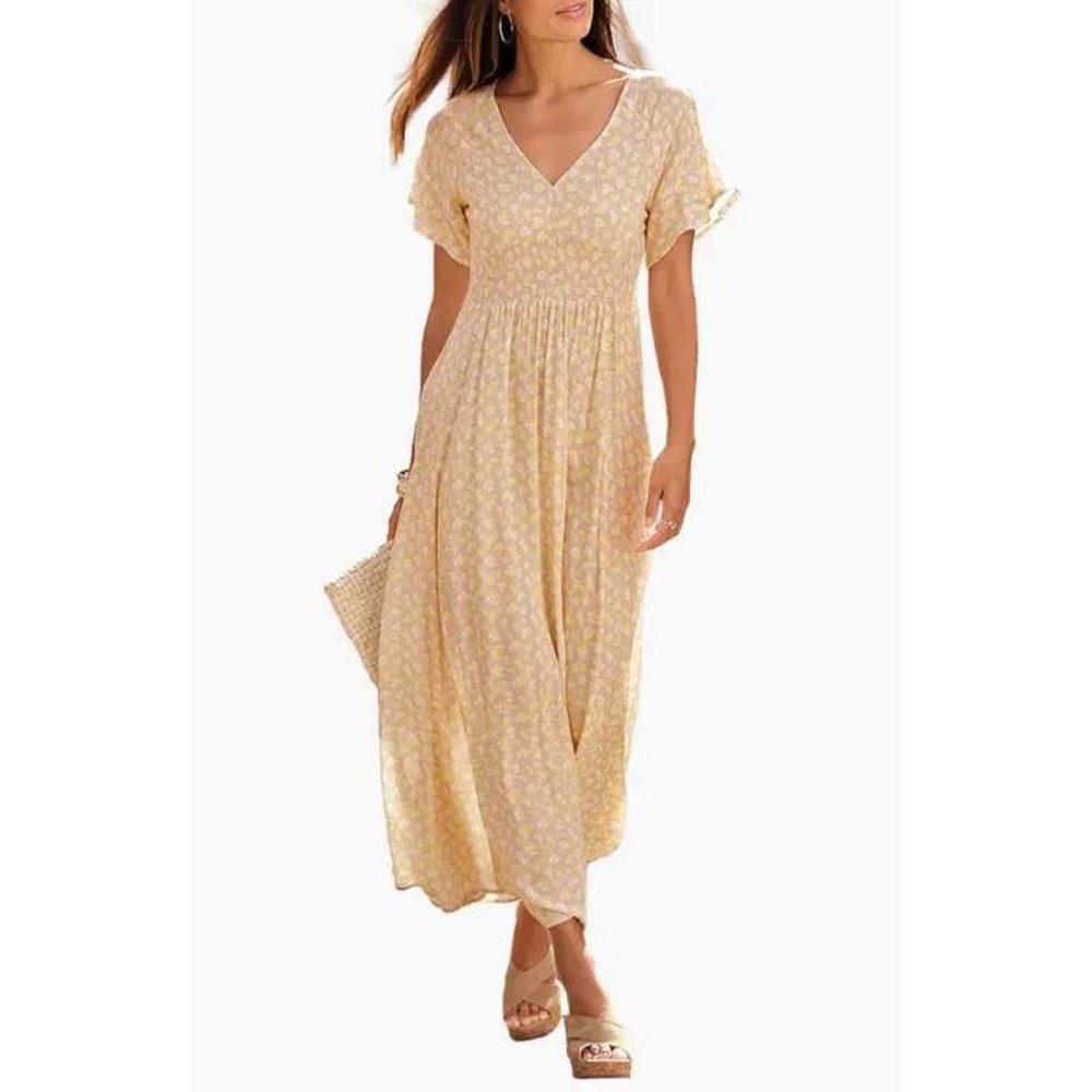Lascana Maxi Dress Floral Smocked Waist 8 Yellow Womens Boho Summer Beach